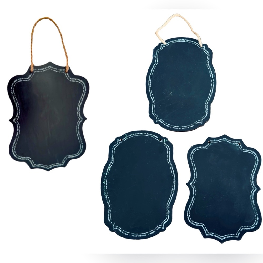 SET OF 4 Black Scalloped Chalkboards w Jute Hanger 6”x8” Blackboard Sign Board